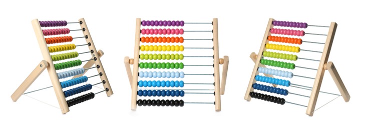 Image of Wooden abacus isolated on white, different angles. Collage design with children's toy