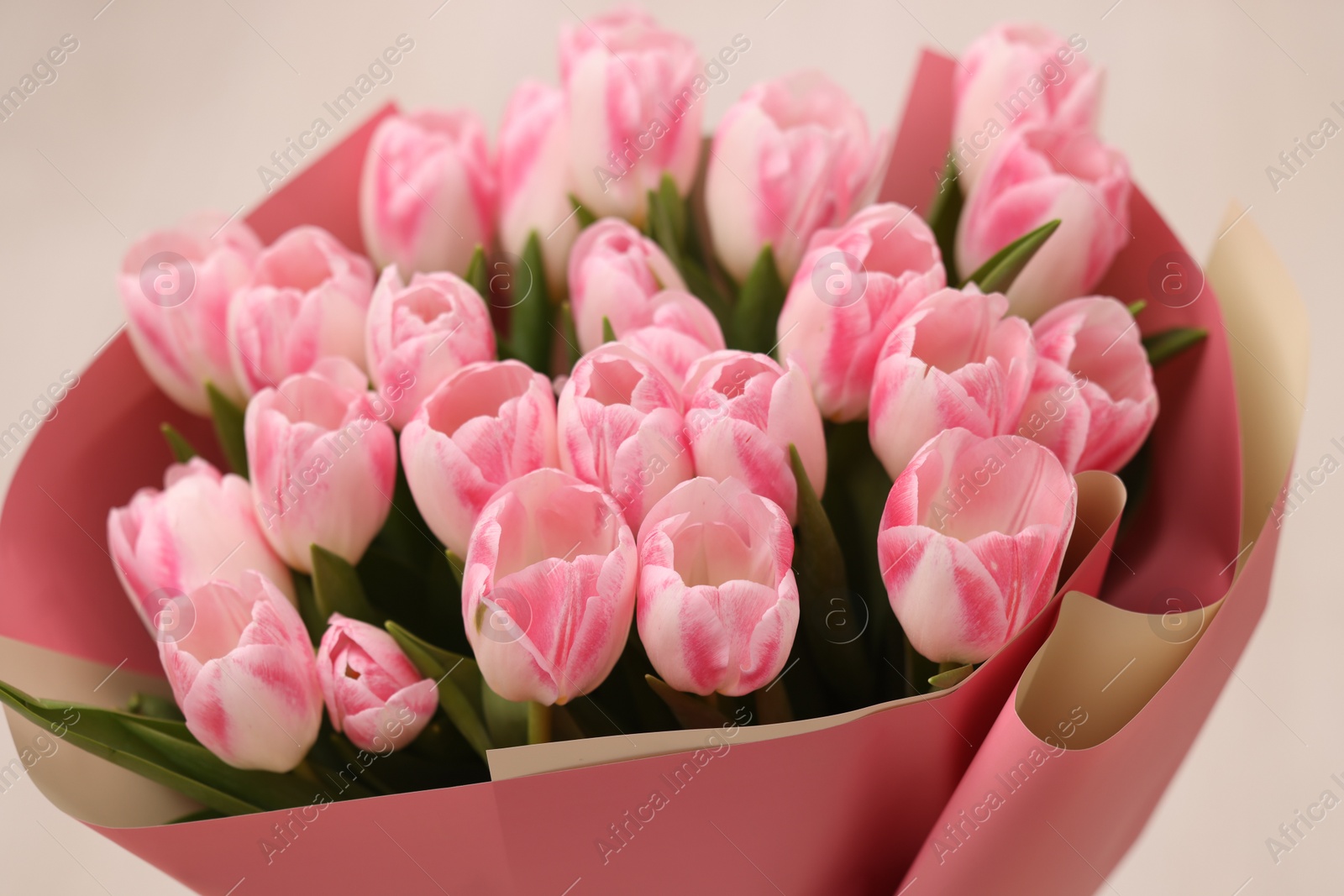 Photo of Beautiful bouquet of fresh pink tulips on blurred background, closeup