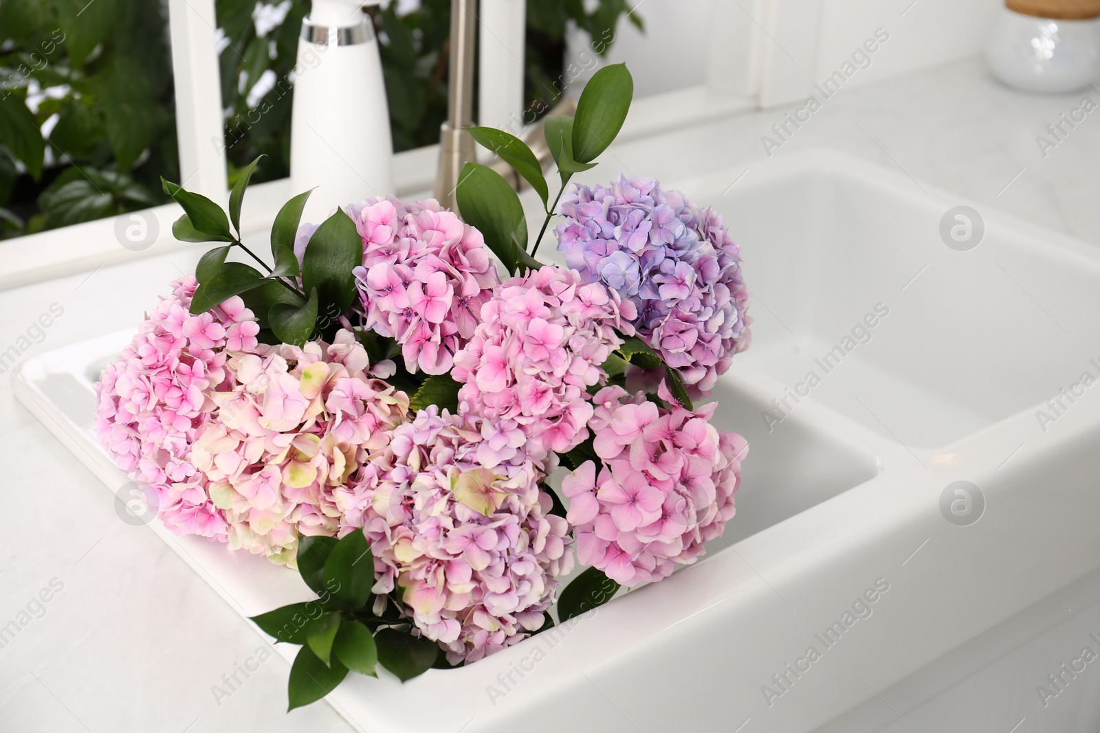 Photo of Bouquet with beautiful hydrangea flowers in sink