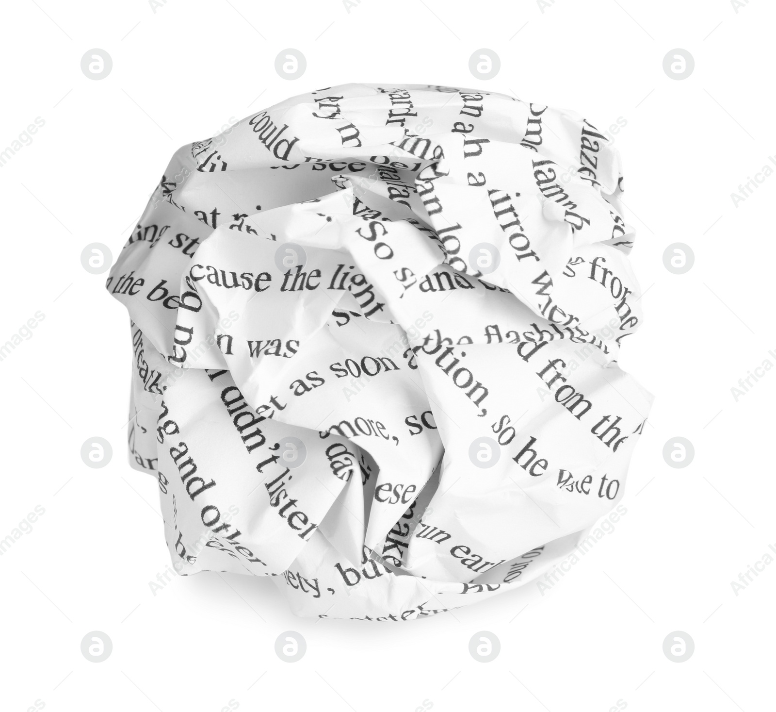 Photo of Crumpled sheet of paper with printed text isolated on white