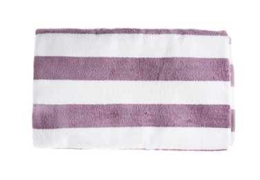 Striped towel isolated on white, top view. Beach accessory