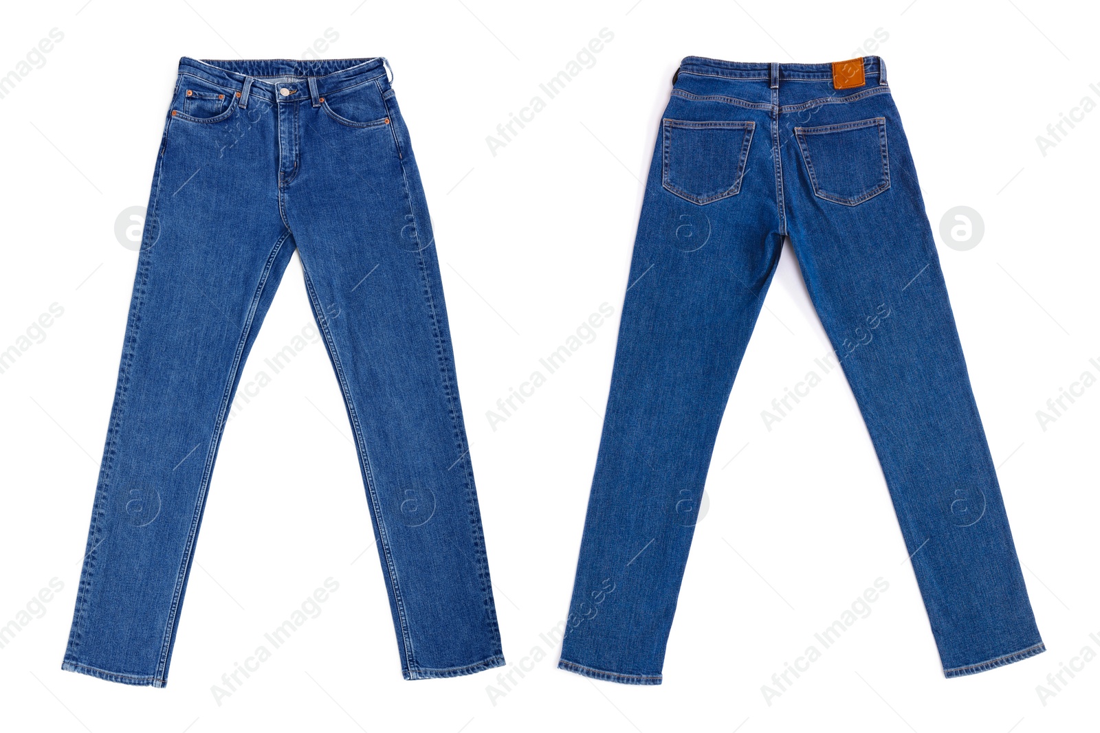 Image of Collage with jeans isolated on white, back and front views