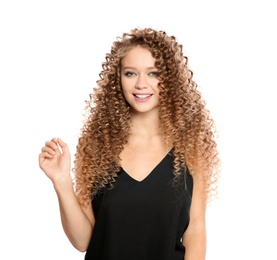 Photo of Portrait of beautiful young woman with shiny wavy hair on white background