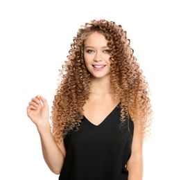 Portrait of beautiful young woman with shiny wavy hair on white background