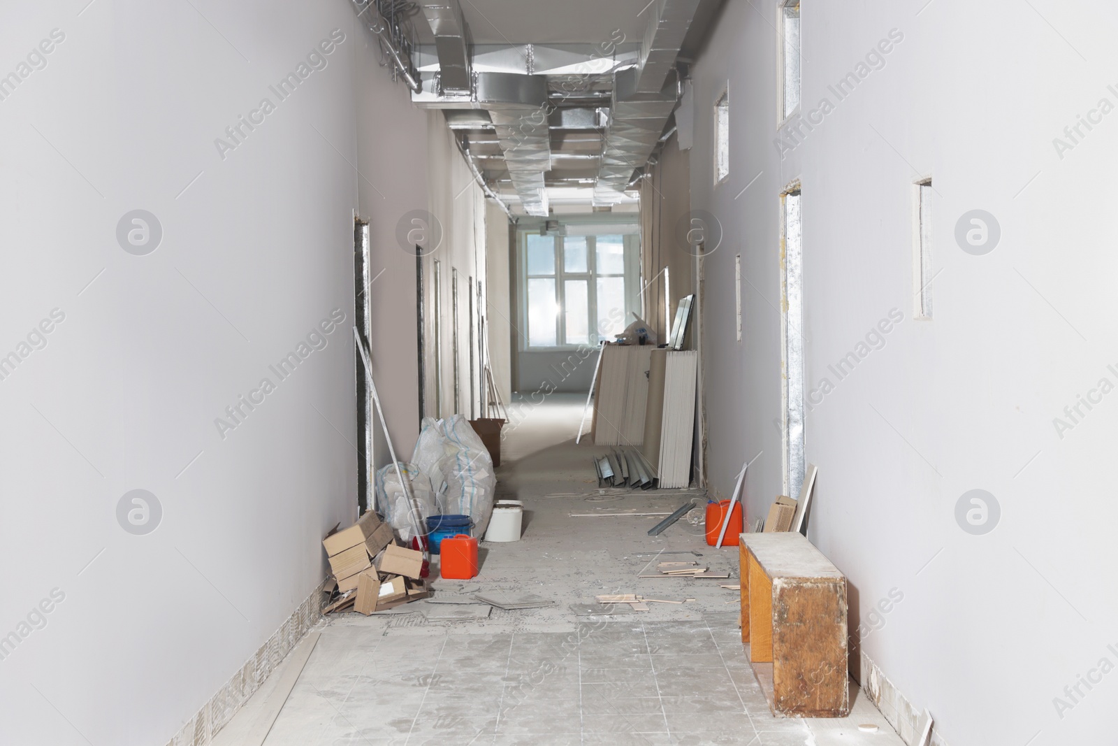 Photo of Hallway in building during repair. House renovation