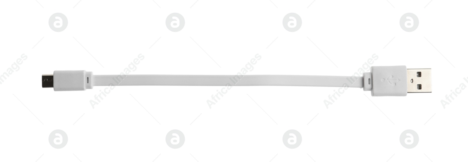 Photo of USB charge cable isolated on white, top view. Modern technology