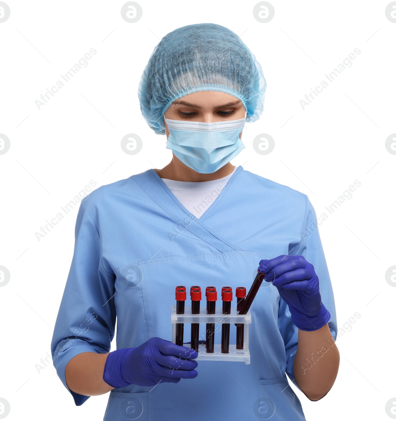 Photo of Laboratory testing. Doctor with blood samples in tubes on white background