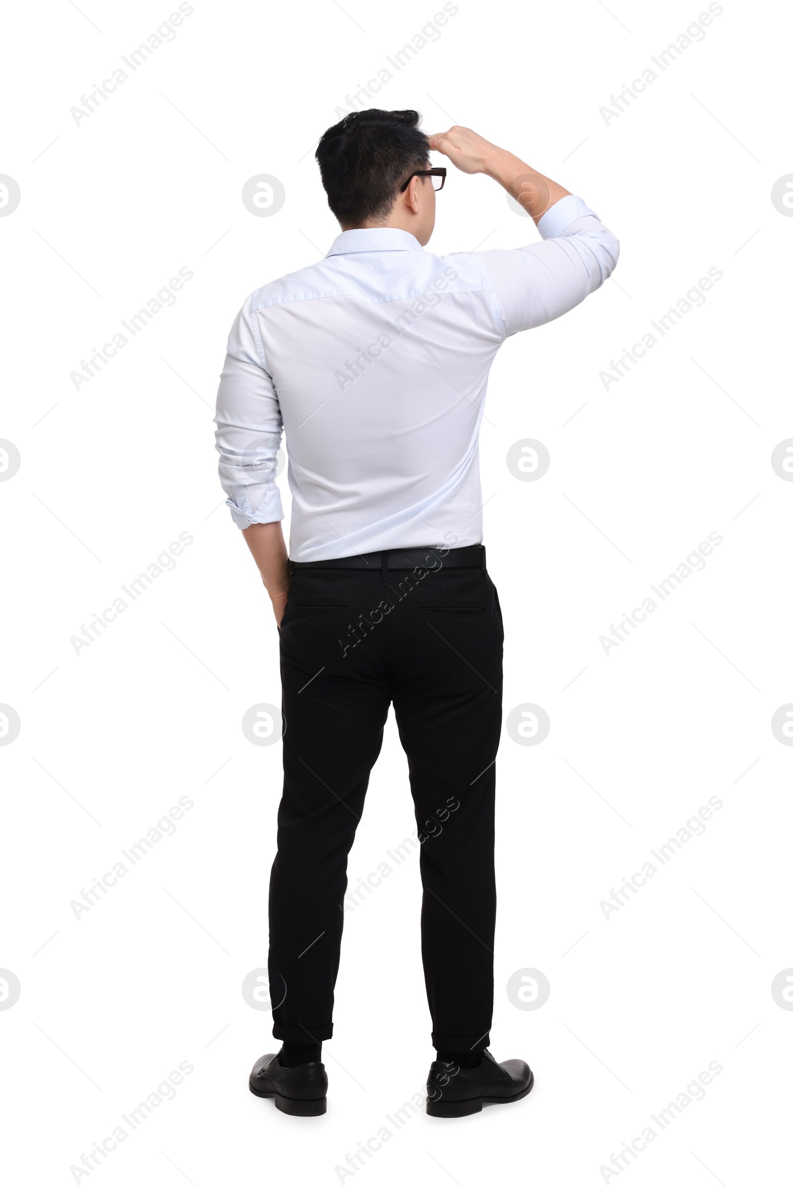 Photo of Businessman in formal clothes on white background, back view