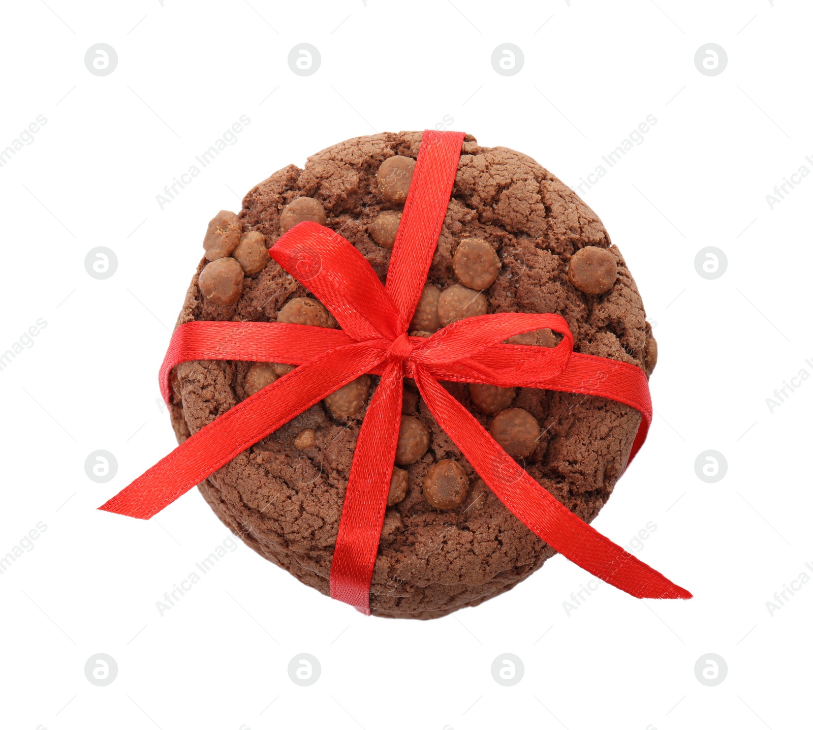 Photo of Tasty homemade chocolate chip cookies tied with red ribbon isolated on white, top view