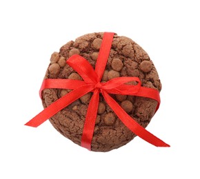 Photo of Tasty homemade chocolate chip cookies tied with red ribbon isolated on white, top view