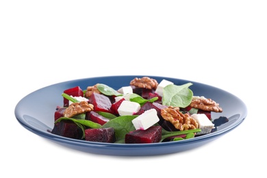 Photo of Fresh delicious beet salad isolated on white