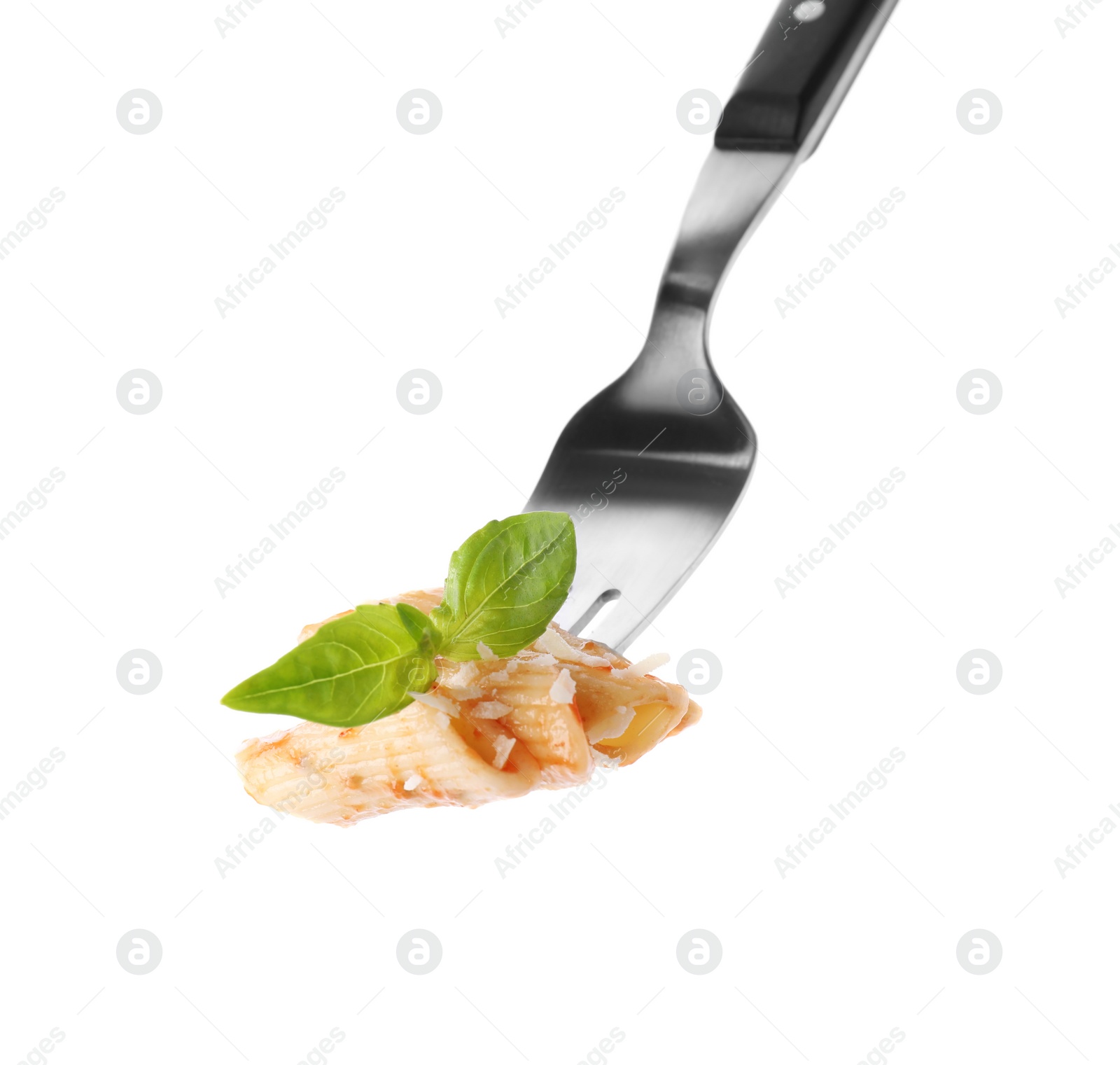 Photo of Fork with delicious penne pasta isolated on white