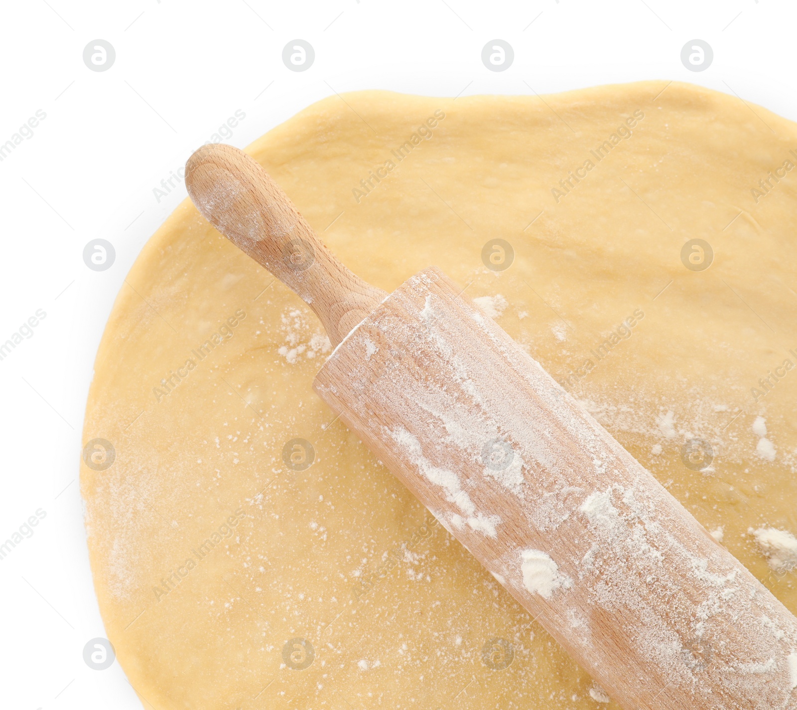 Photo of Raw dough and rolling pin isolated on white, top view