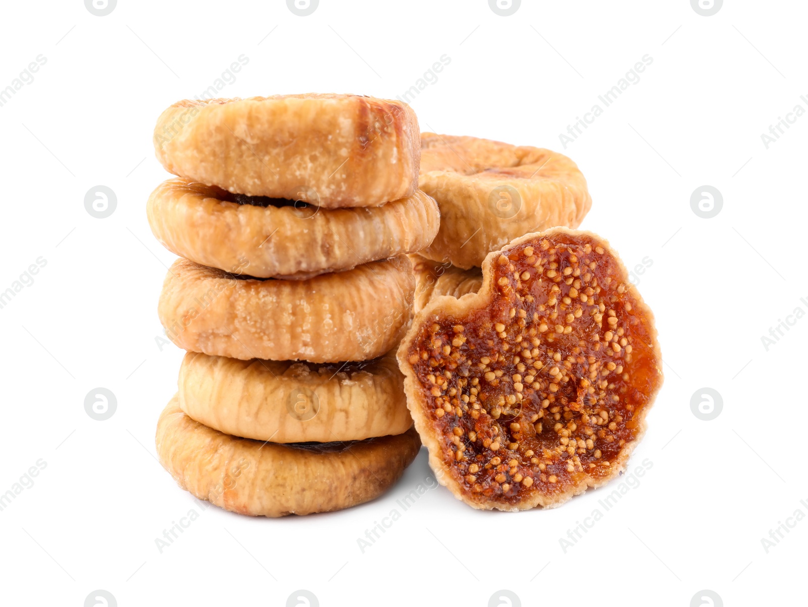 Photo of Many tasty dried figs isolated on white