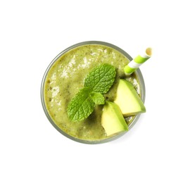 Glass of tasty avocado smoothie isolated on white, top view