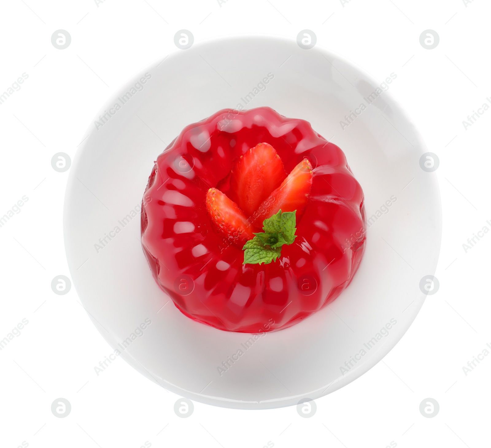 Photo of Delicious red jelly with strawberry and mint on white background, top view