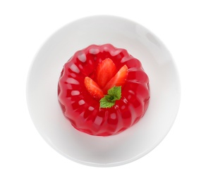 Photo of Delicious red jelly with strawberry and mint on white background, top view
