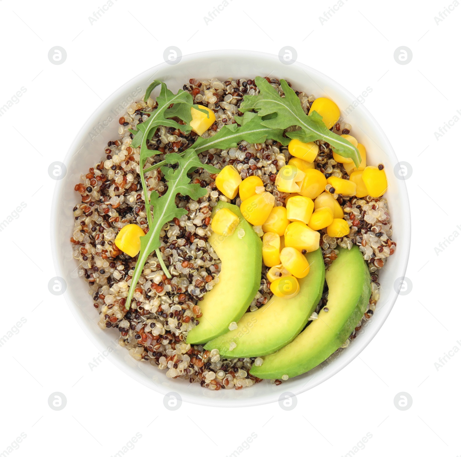 Photo of Healthy quinoa salad with vegetables in bowl isolated on white, top view