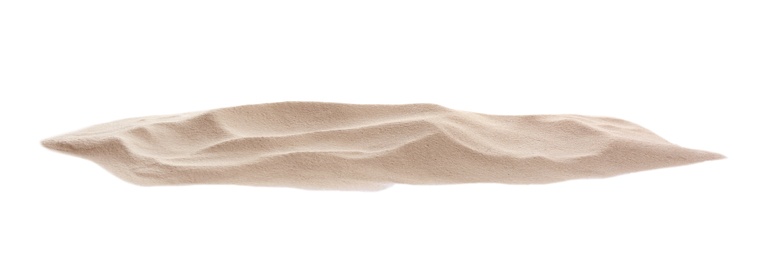 Photo of Pile of dry beach sand on white background