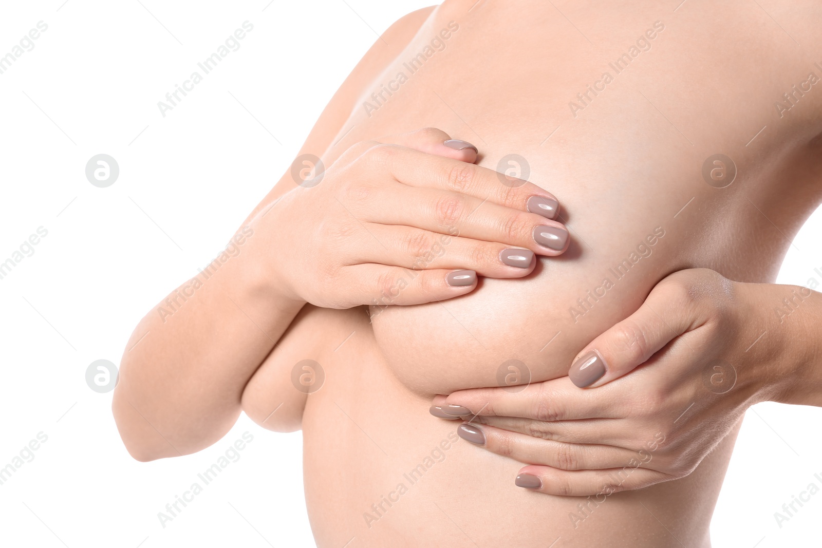 Photo of Woman checking her breast on white background, closeup