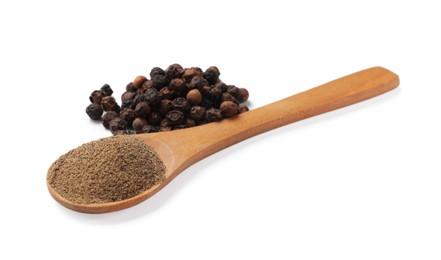 Photo of Aromatic spice. Ground and whole black pepper with wooden spoon isolated on white