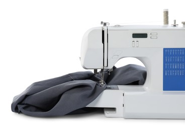 Photo of Sewing machine with grey fabric isolated on white