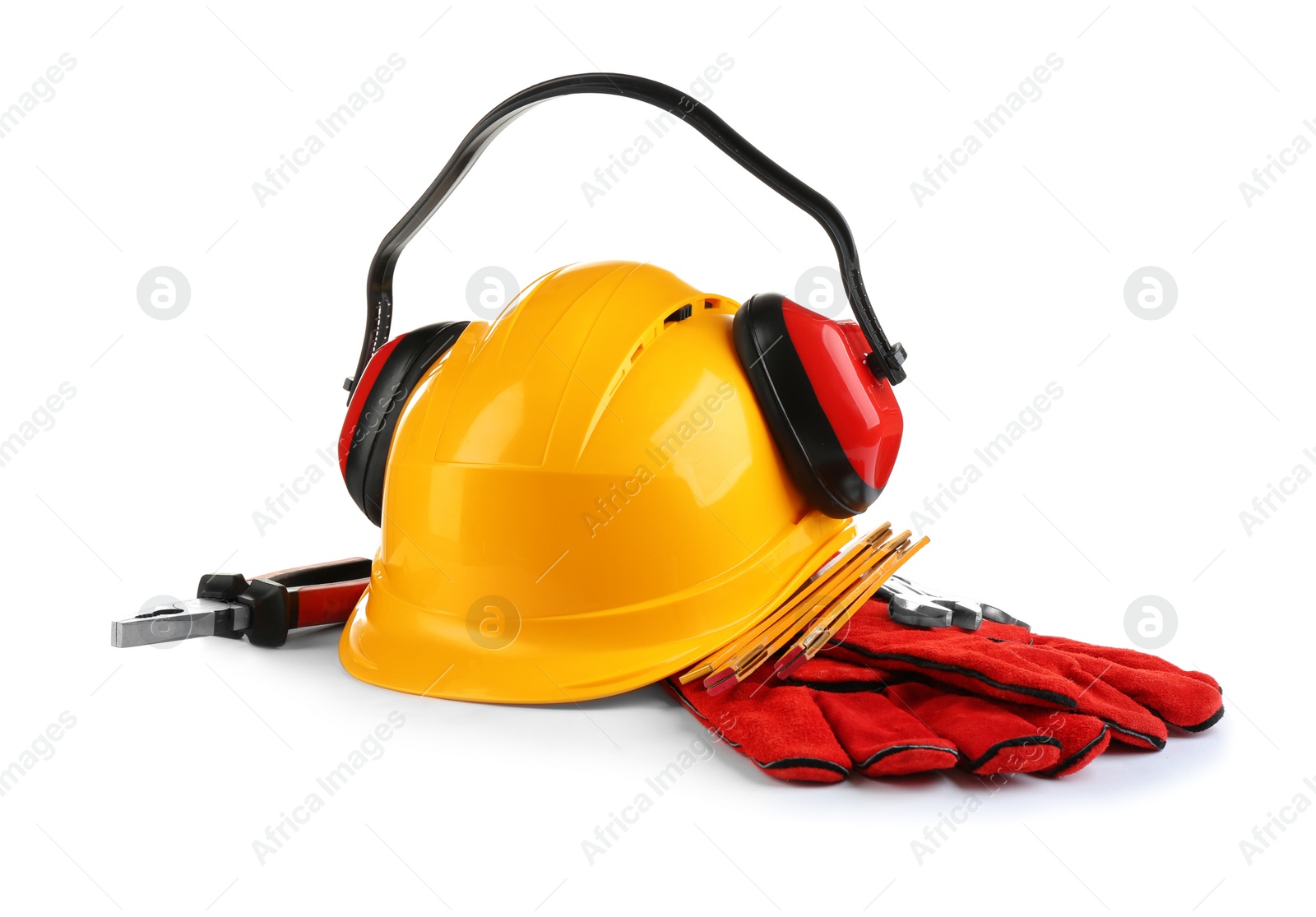 Photo of Composition with safety equipment and construction tools on white background