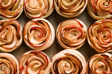 Freshly baked apple roses on parchment paper, flat lay. Beautiful dessert