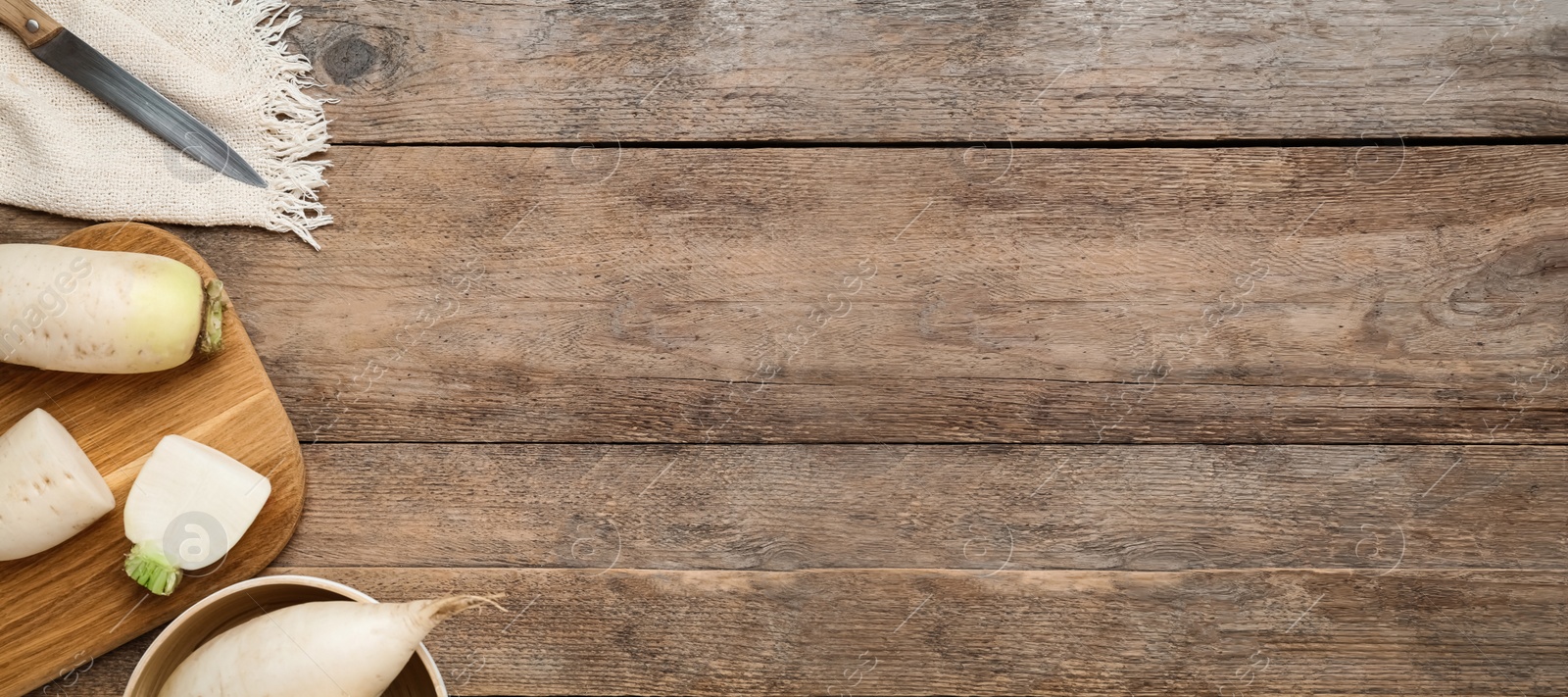 Image of Raw white turnips on wooden table, flat lay. Space for text