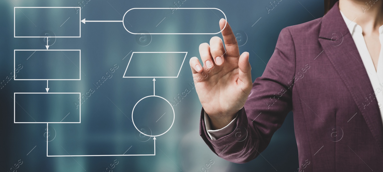 Image of Woman pointing at flowchart on virtual screen against blurred background, closeup. Business process