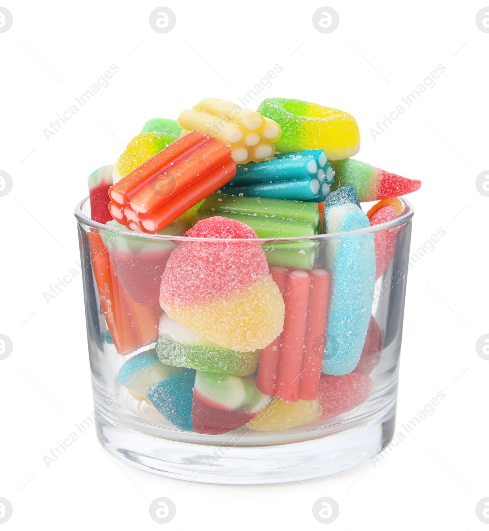 Photo of Bowl of tasty colorful jelly candies on white background