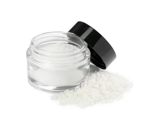 Photo of Loose face powder and rice isolated on white. Makeup product