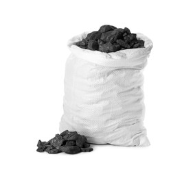 Photo of Black coal in sack on white background