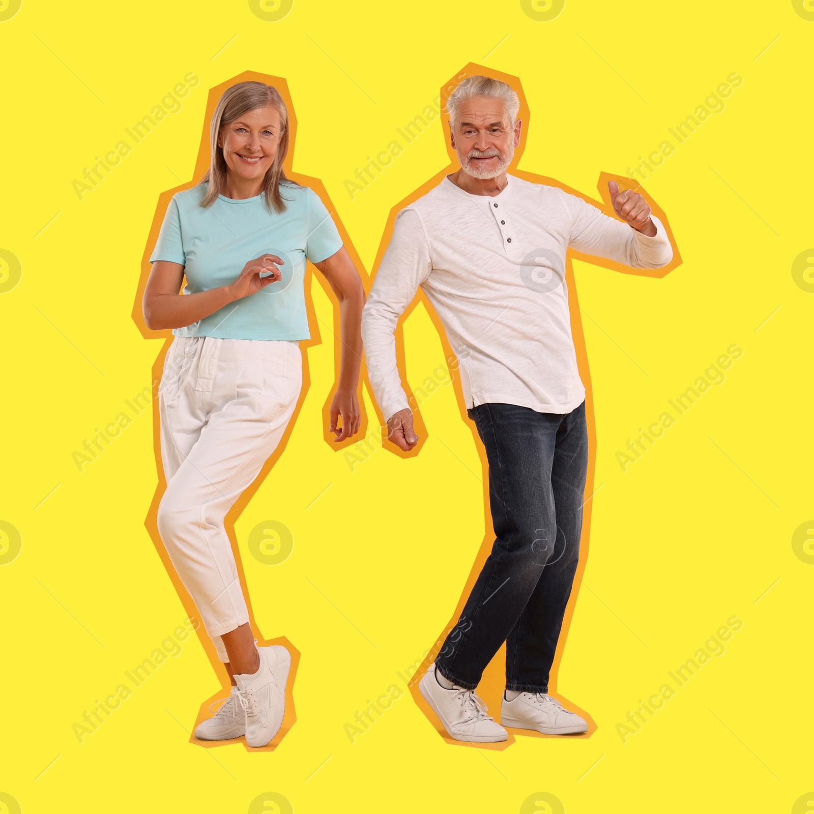 Image of Pop art poster. Happy senior couple dancing together on yellow background