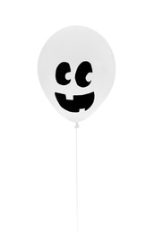 Photo of Balloon with drawing of happy face on white background. Halloween party