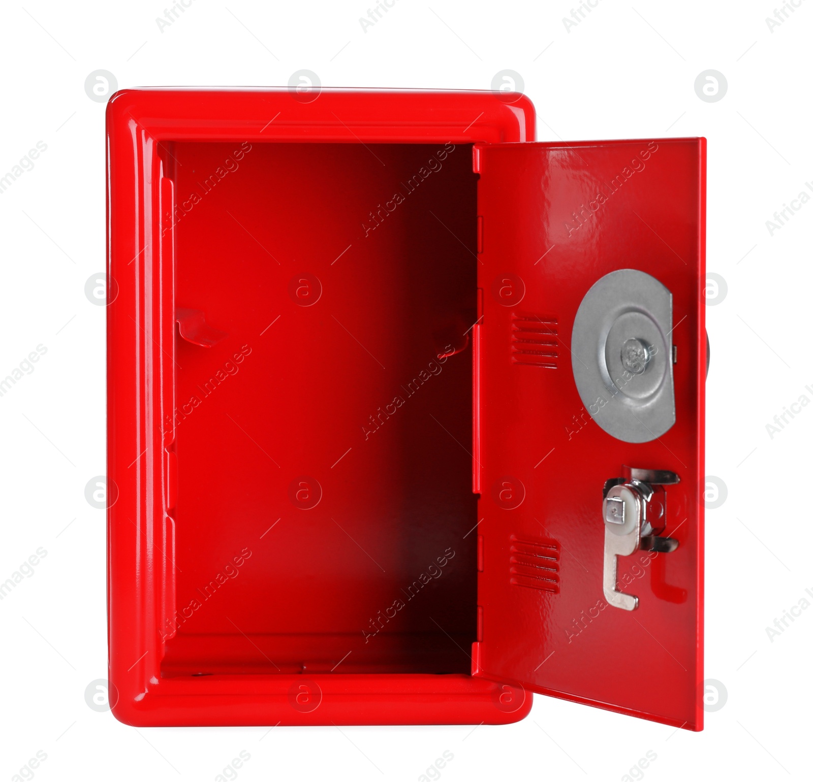 Photo of Open red steel safe isolated on white