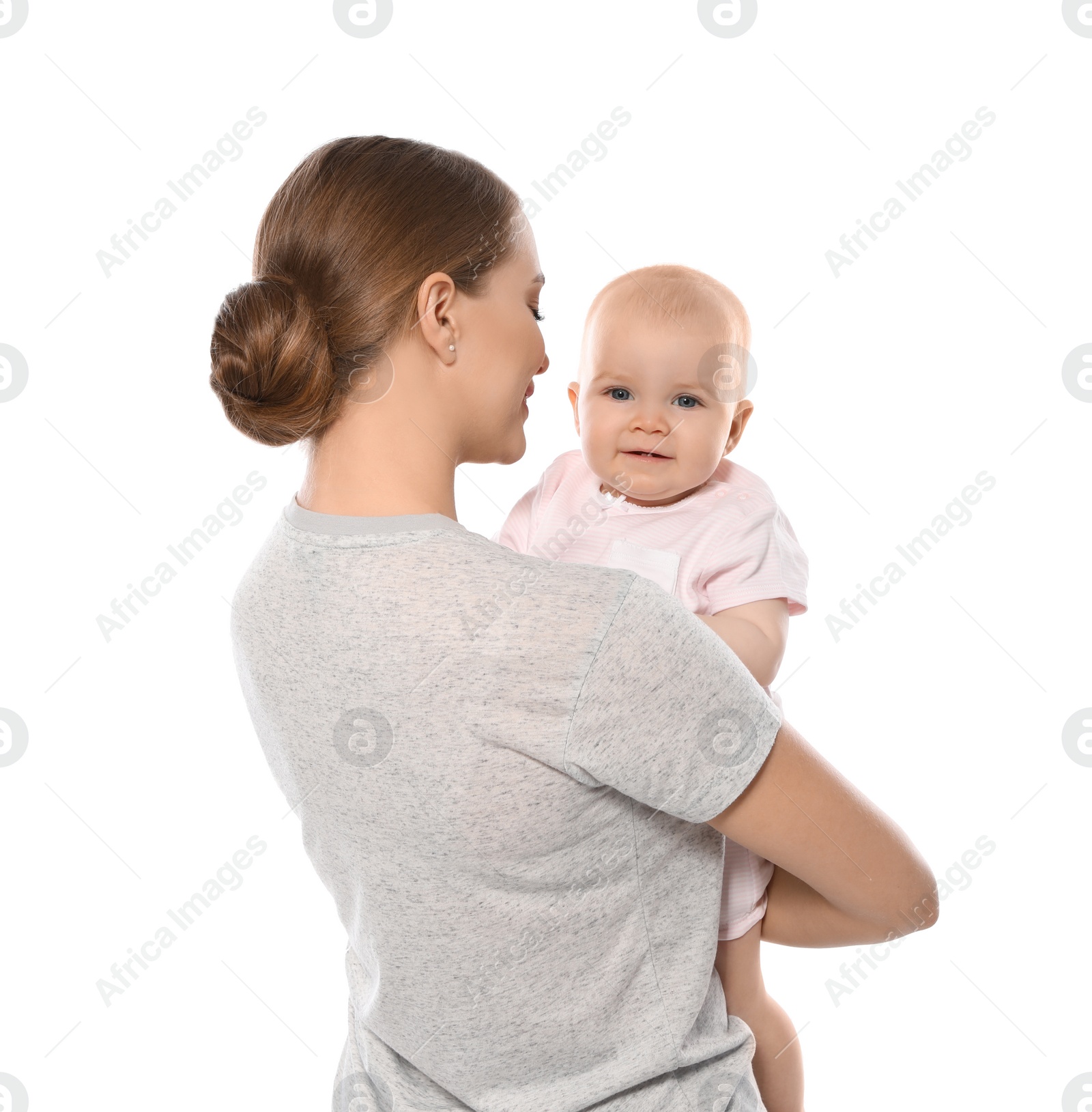 Photo of Young mother with her baby isolated on white