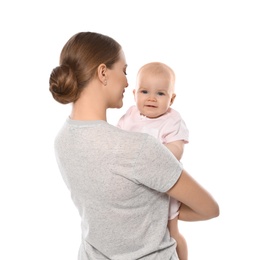 Young mother with her baby isolated on white