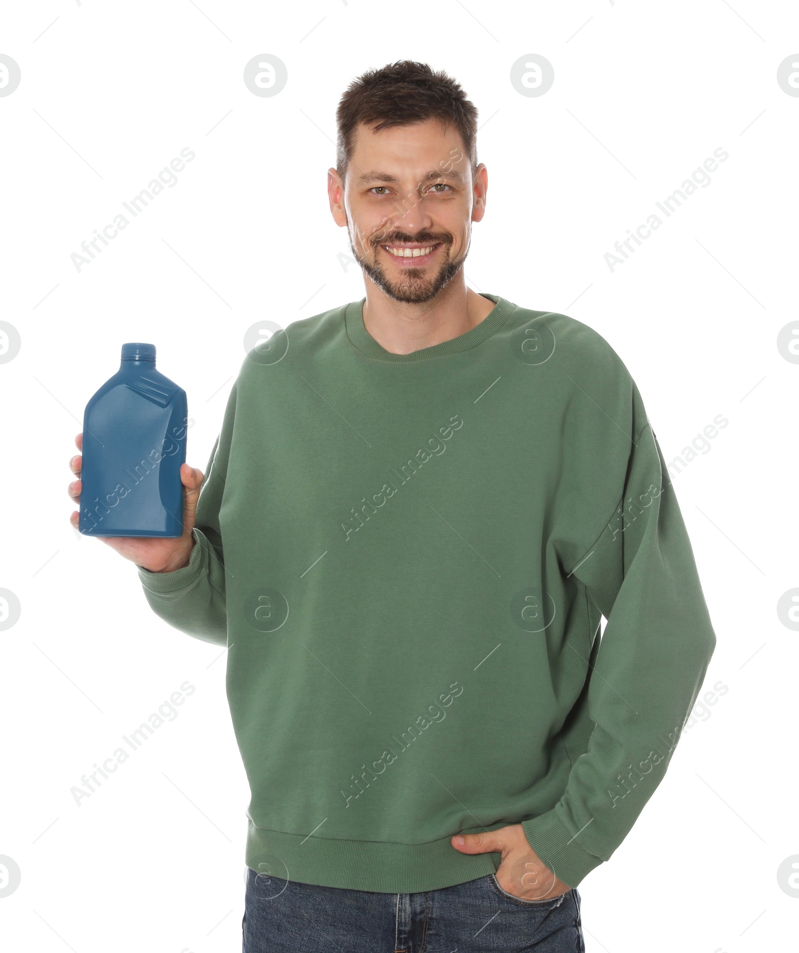 Photo of Man holding blue container of motor oil on white background