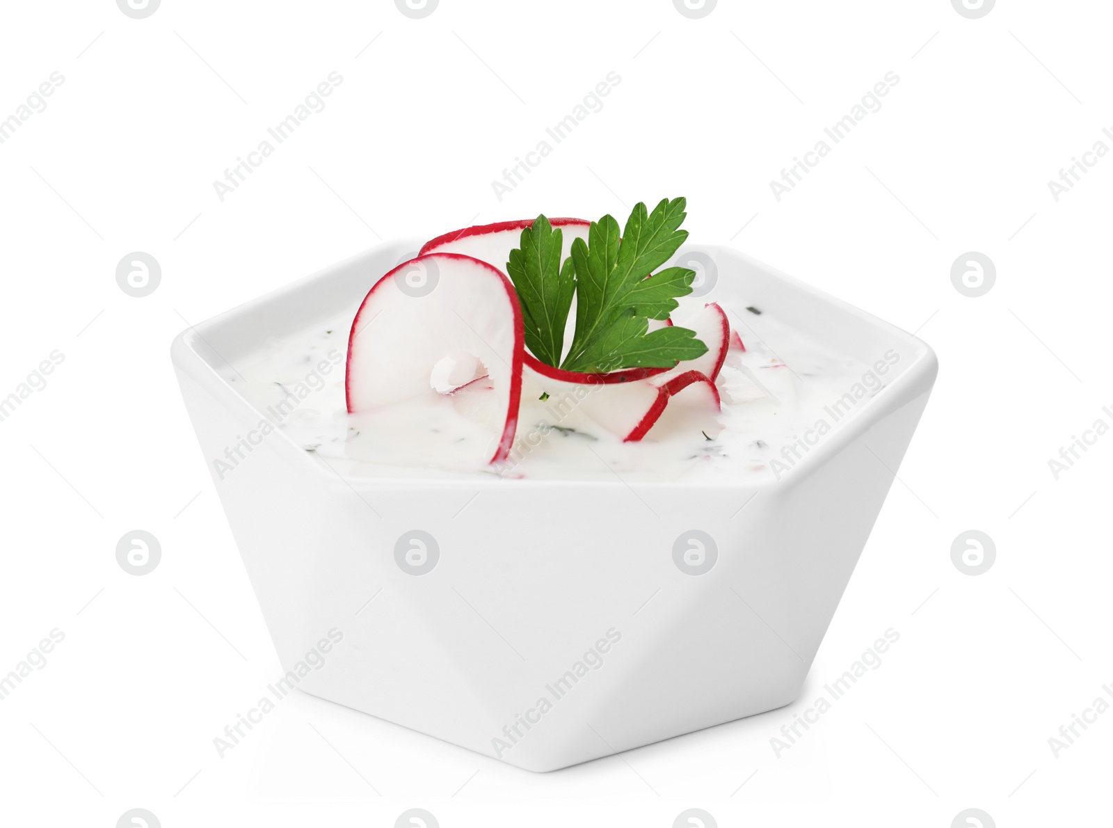 Photo of Delicious cold summer soup on white background