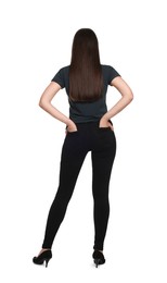Photo of Woman wearing stylish black jeans on white background, back view