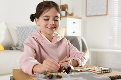 Little girl working with natural materials at table indoors. Creative hobby