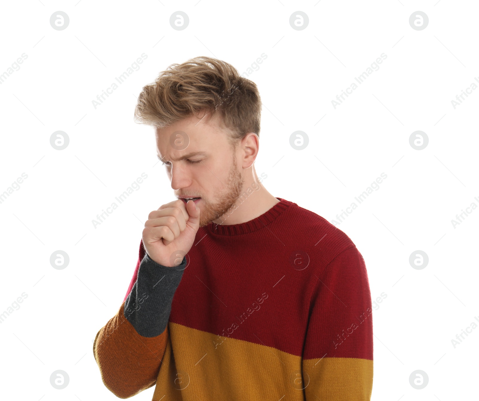 Photo of Handsome young man coughing against white background