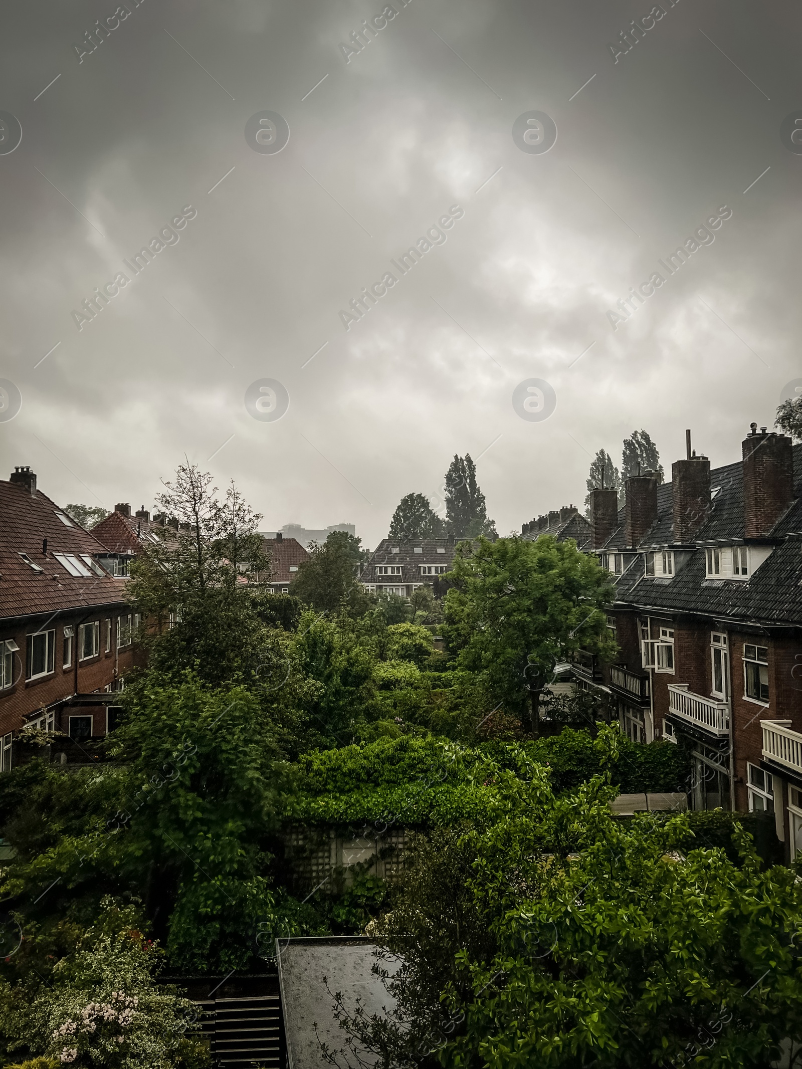 Photo of Picturesque view of city street with beautiful buildings on rainy day