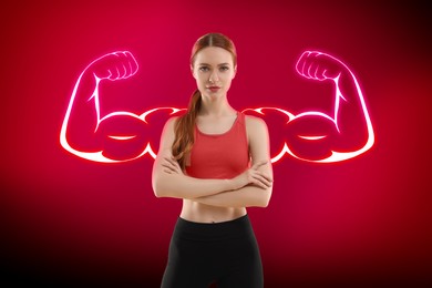 Image of Athletic woman and illustration of muscular arms behind her on red background