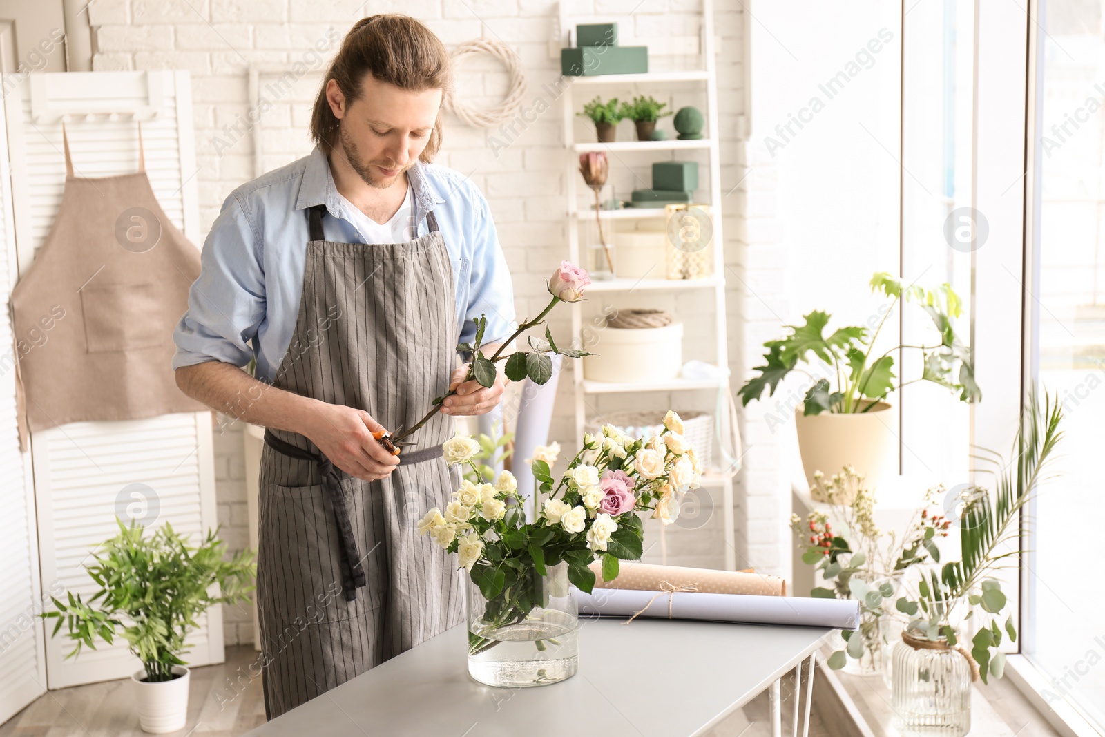 Photo of Male florist pruning stem at workplace