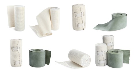 Image of Set with different elastic bandages on white background