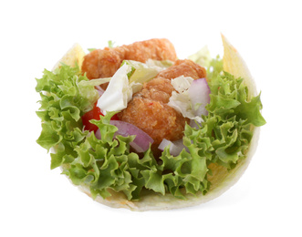 Photo of Delicious fish taco with lettuce isolated on white