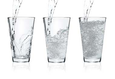 Image of Pouring soda water into glasses on white background, collage