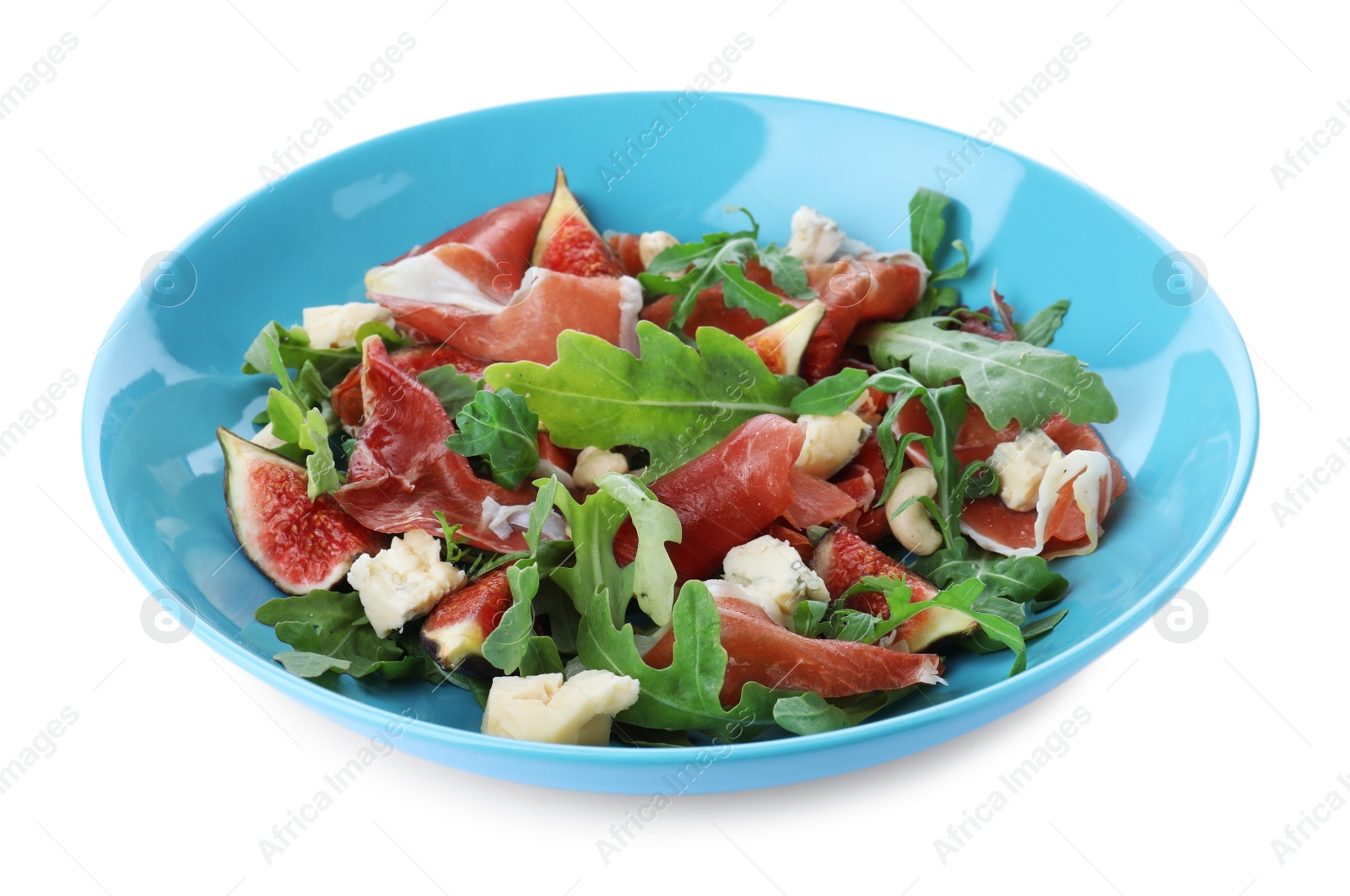 Photo of Salad with ripe figs and prosciutto on white background